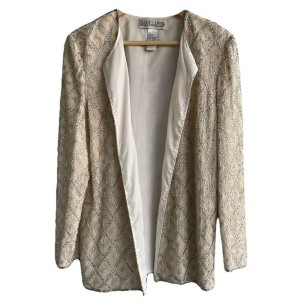 NITELINE Della Roufogali ivory silver beaded silk cardigan blouse top vintage